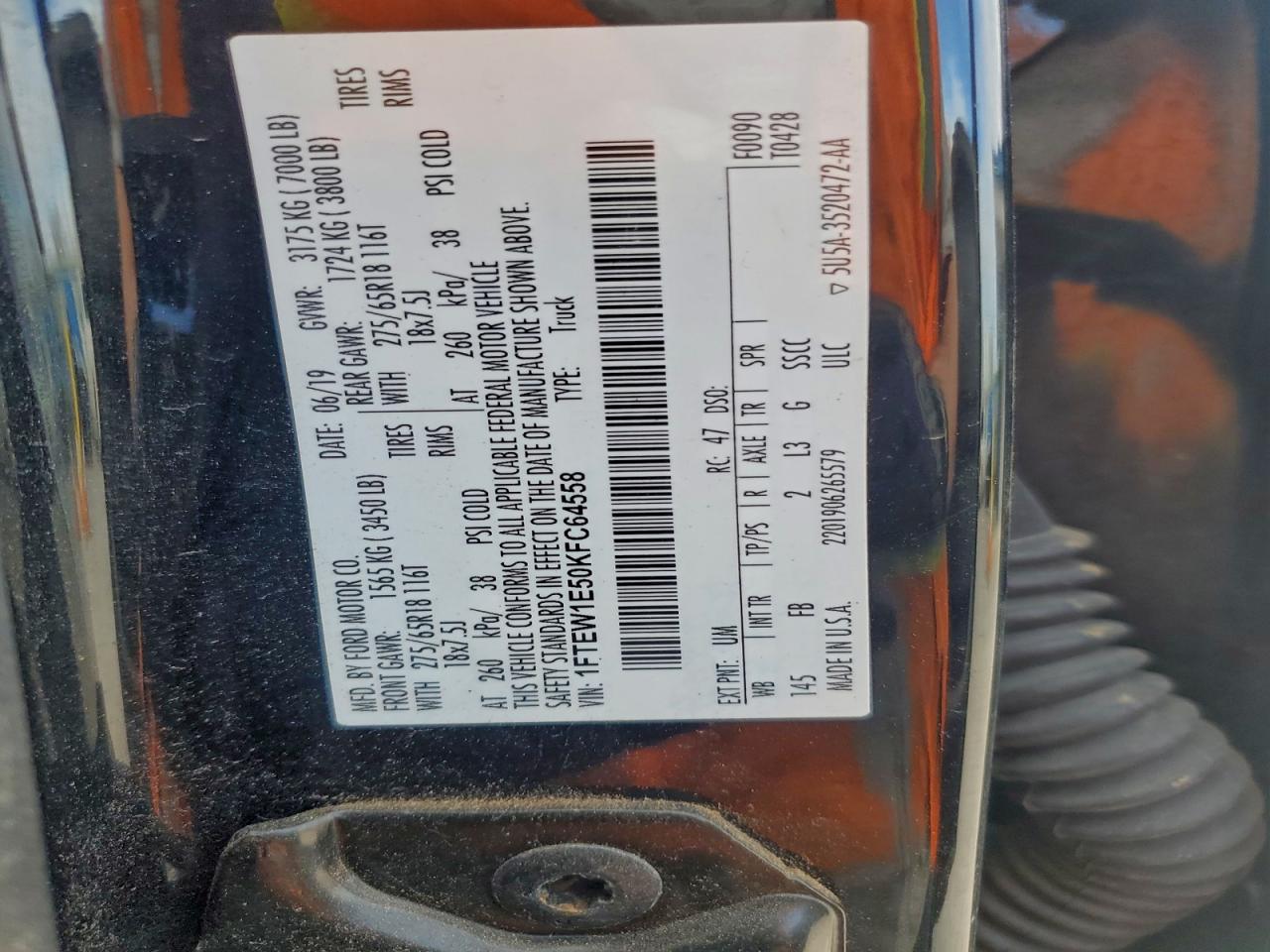 2019 Ford F150 Supercrew VIN: 1FTEW1E50KFC64558 Lot: 93537595