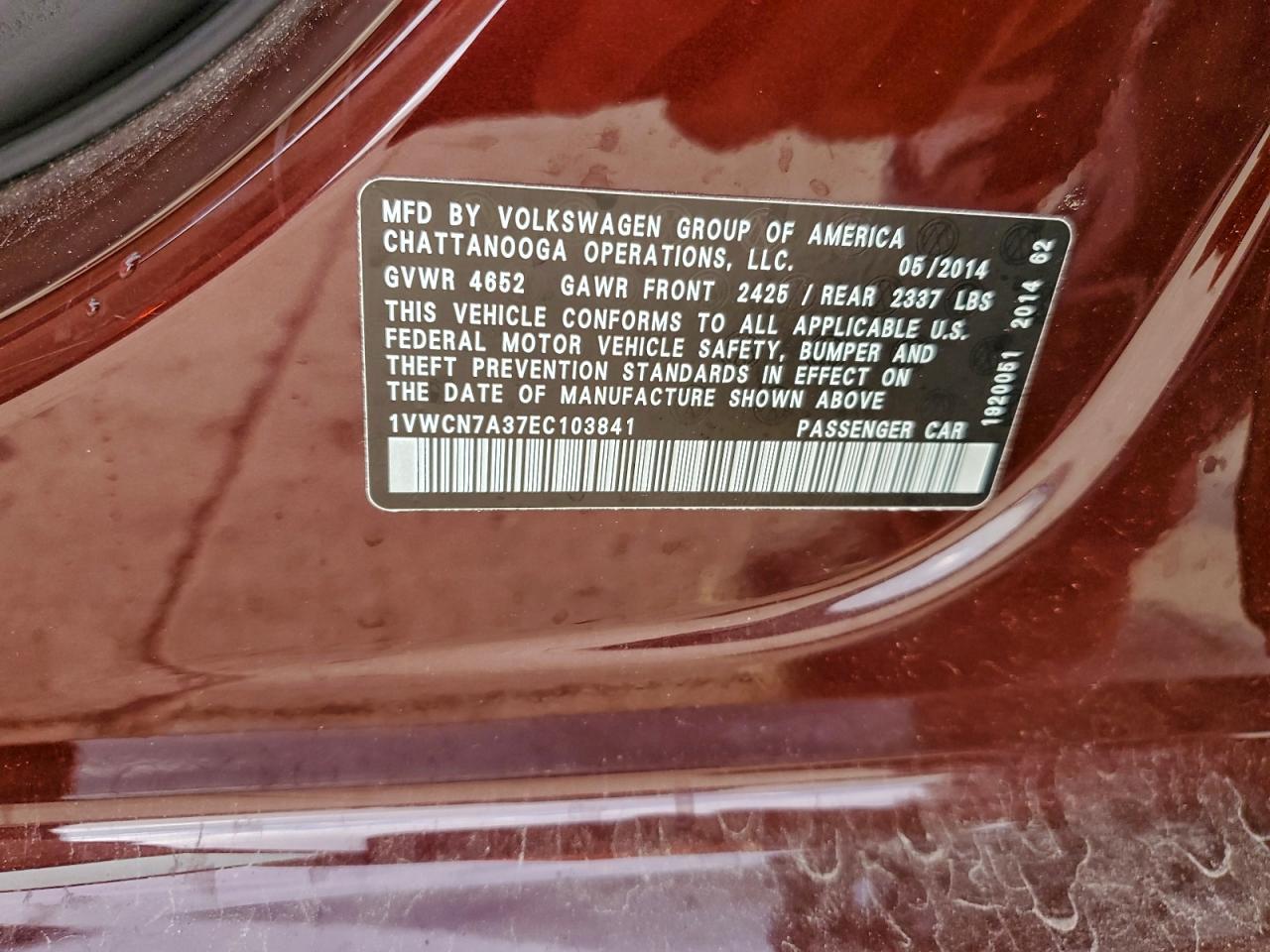 2014 Volkswagen Passat Sel VIN: 1VWCN7A37EC103841 Lot: 93914625