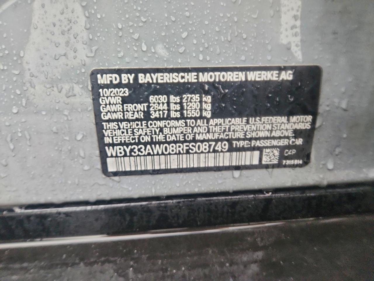 2024 BMW I4 M50 VIN: WBY33AW08RFS08749 Lot: 94584055