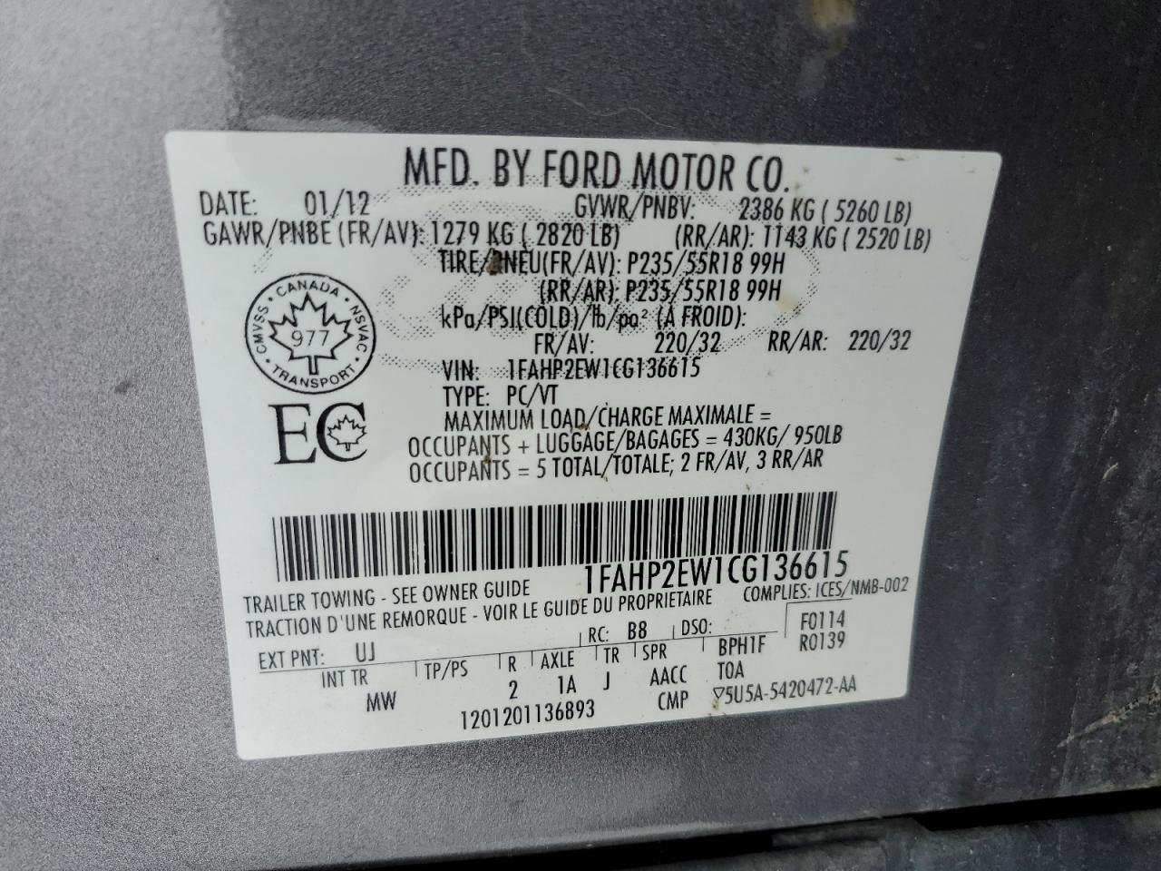 2012 Ford Taurus Sel VIN: 1FAHP2EW1CG136615 Lot: 90477305