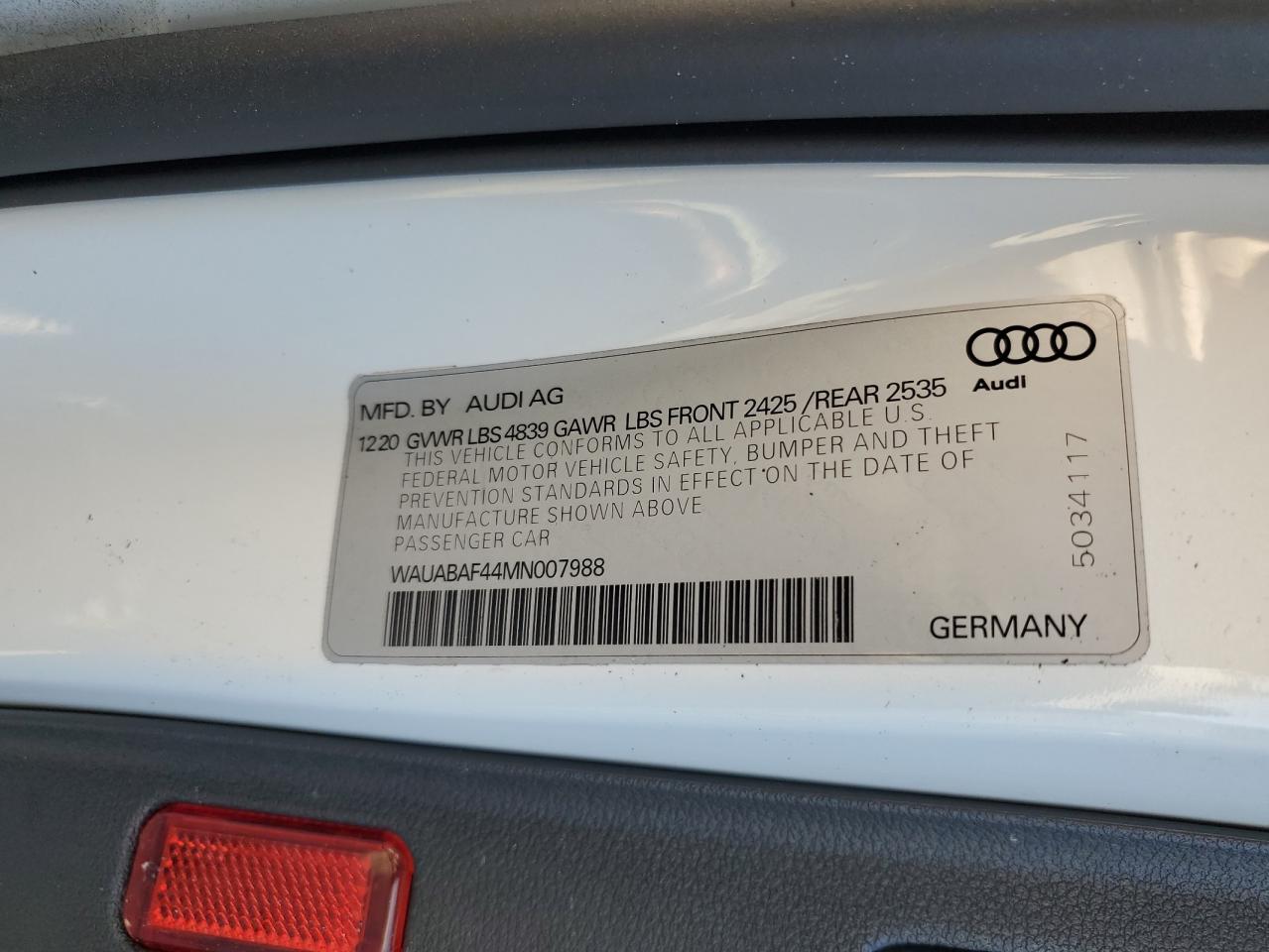 2021 Audi A4 Premium 40 VIN: WAUABAF44MN007988 Lot: 91490205