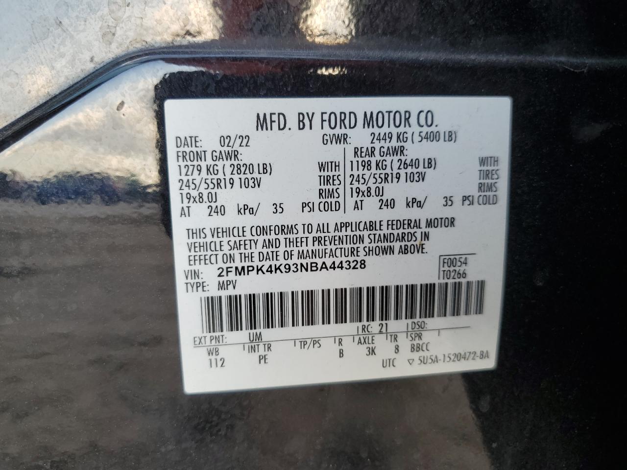 2022 Ford Edge Titanium VIN: 2FMPK4K93NBA44328 Lot: 93283275