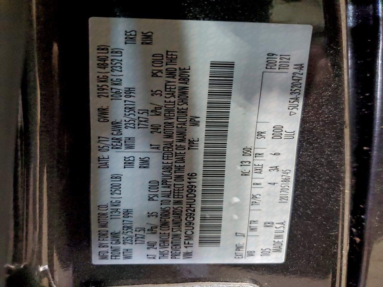 2017 Ford Escape Se VIN: 1FMCU9G92HUD99116 Lot: 94346015