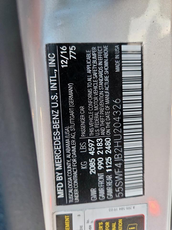 2017 Mercedes-Benz C 300 VIN: 55SWF4JB2HU204326 Lot: 92479685