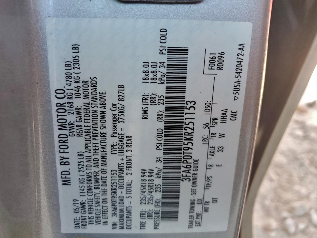 2019 Ford Fusion Se VIN: 3FA6P0T95KR251153 Lot: 94431715