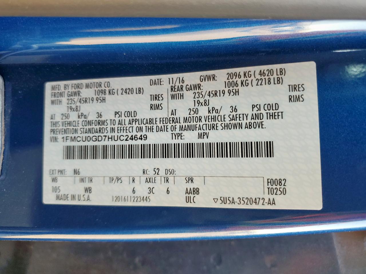 2017 Ford Escape Se VIN: 1FMCU0GD7HUC24649 Lot: 92220895