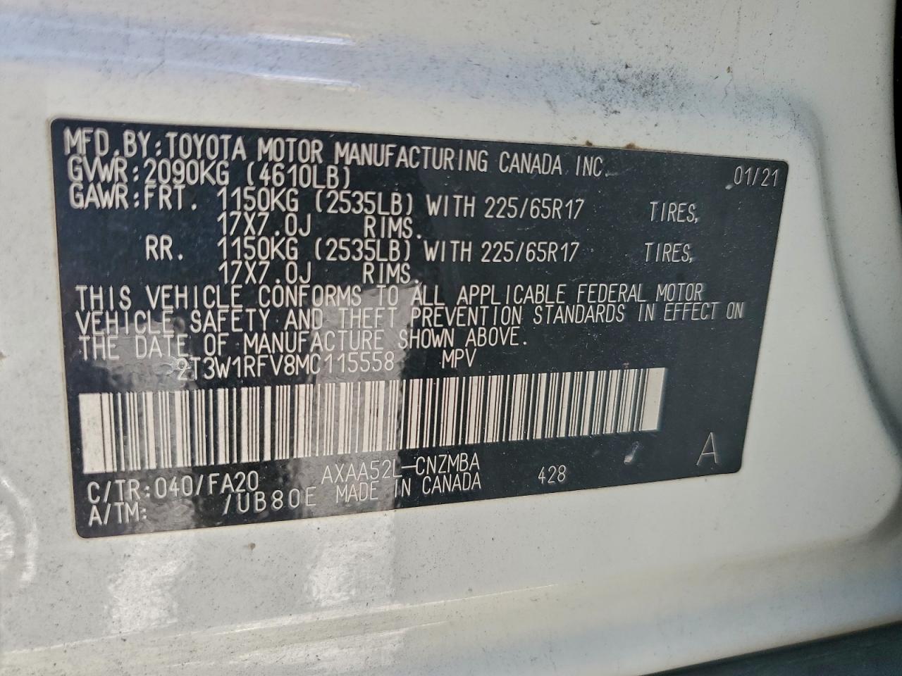 2021 Toyota Rav4 Xle VIN: 2T3W1RFV8MC115558 Lot: 93034635