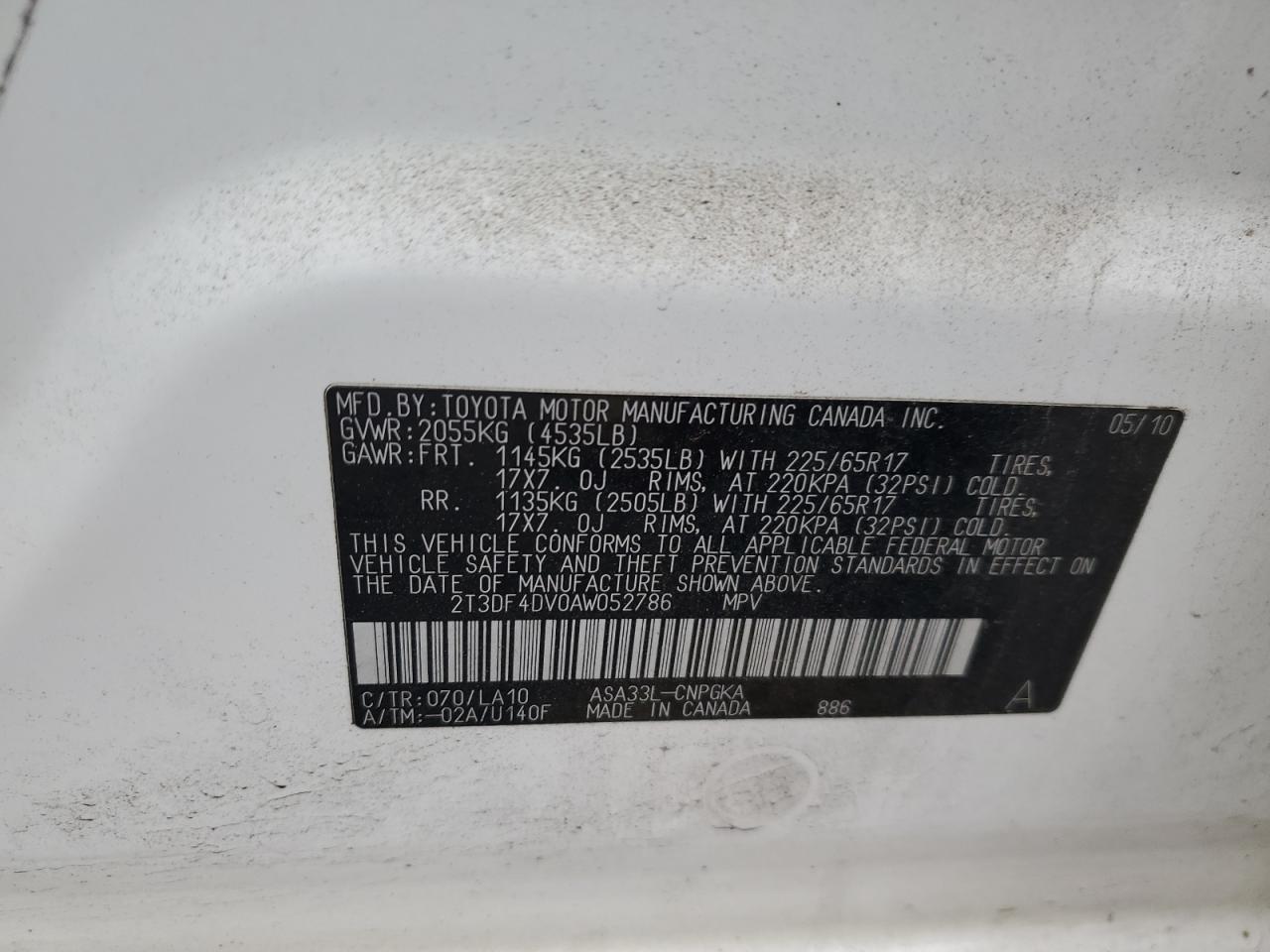 2010 Toyota Rav4 Limited VIN: 2T3DF4DV0AW052786 Lot: 93291875