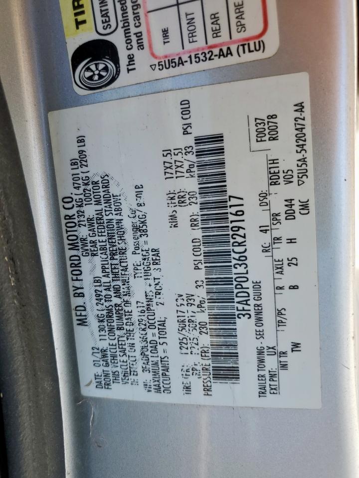 2012 Ford Fusion Hybrid VIN: 3FADP0L36CR291617 Lot: 92267875