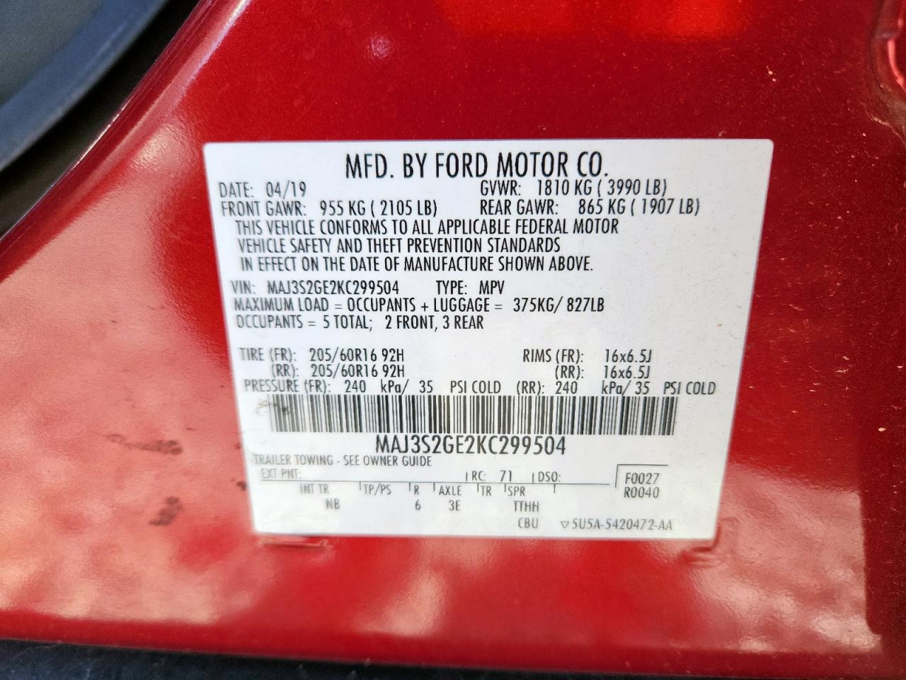 2019 Ford Ecosport Se VIN: MAJ3S2GE2KC299504 Lot: 91131125