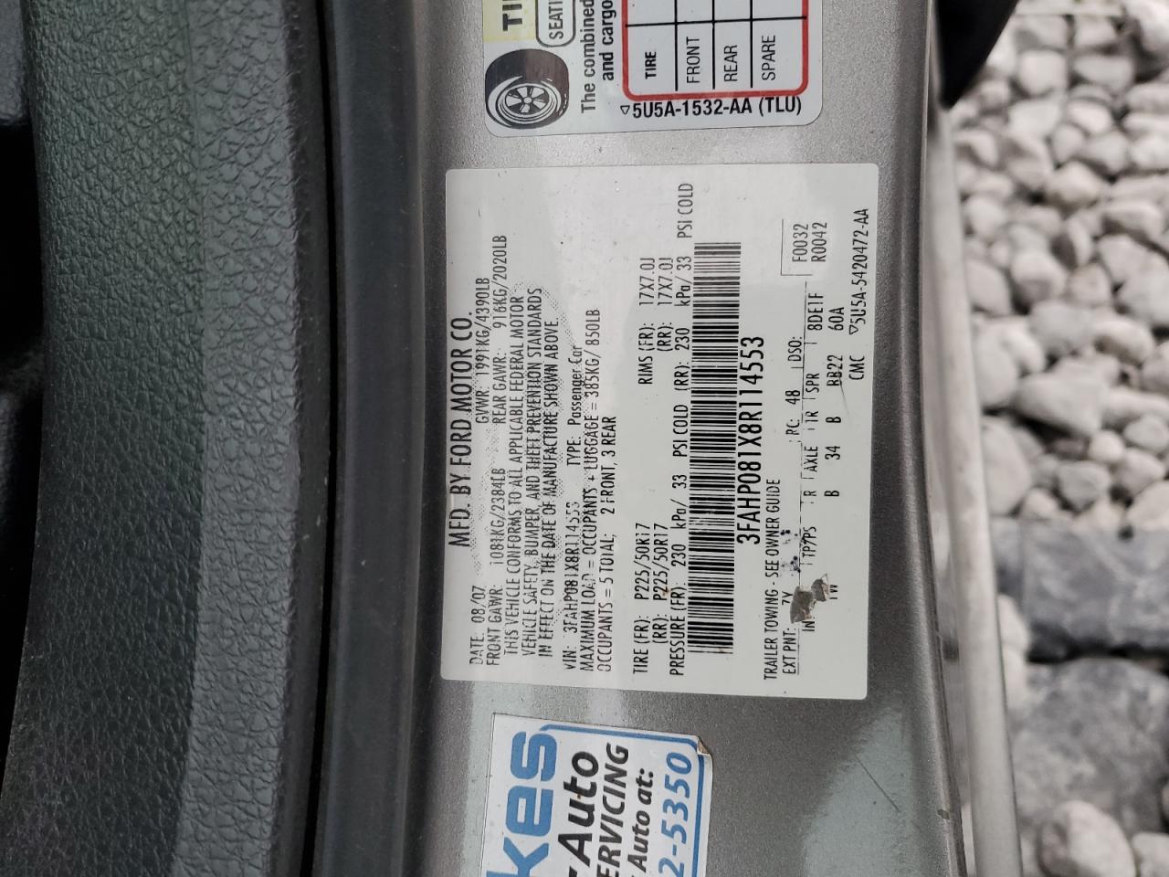 2008 Ford Fusion Sel VIN: 3FAHP081X8R114553 Lot: 91943735