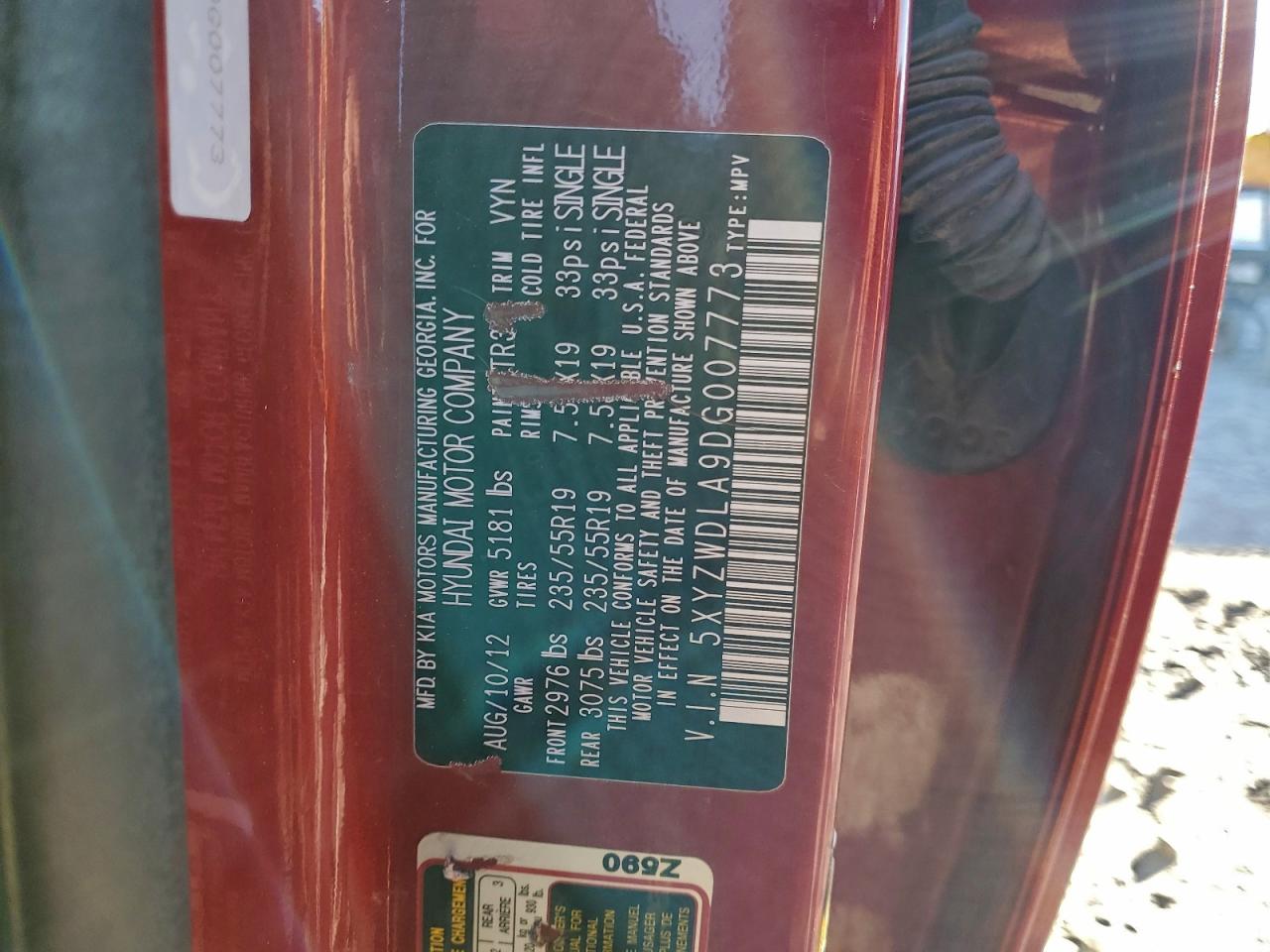 2013 Hyundai Santa Fe Sport VIN: 5XYZWDLA9DG007773 Lot: 94253155