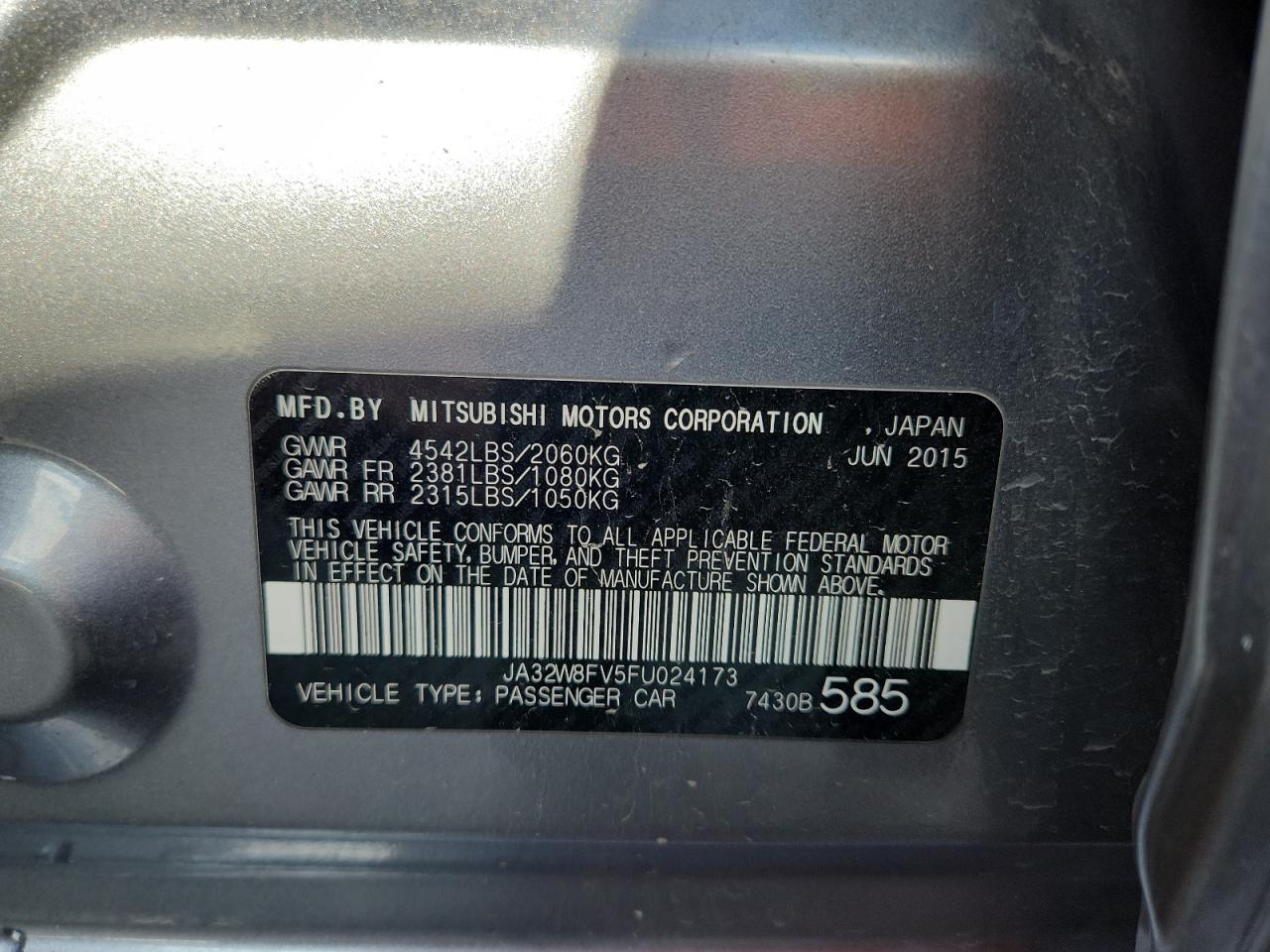 2015 Mitsubishi Lancer Evolution Gsr VIN: JA32W8FV5FU024173 Lot: 93523295