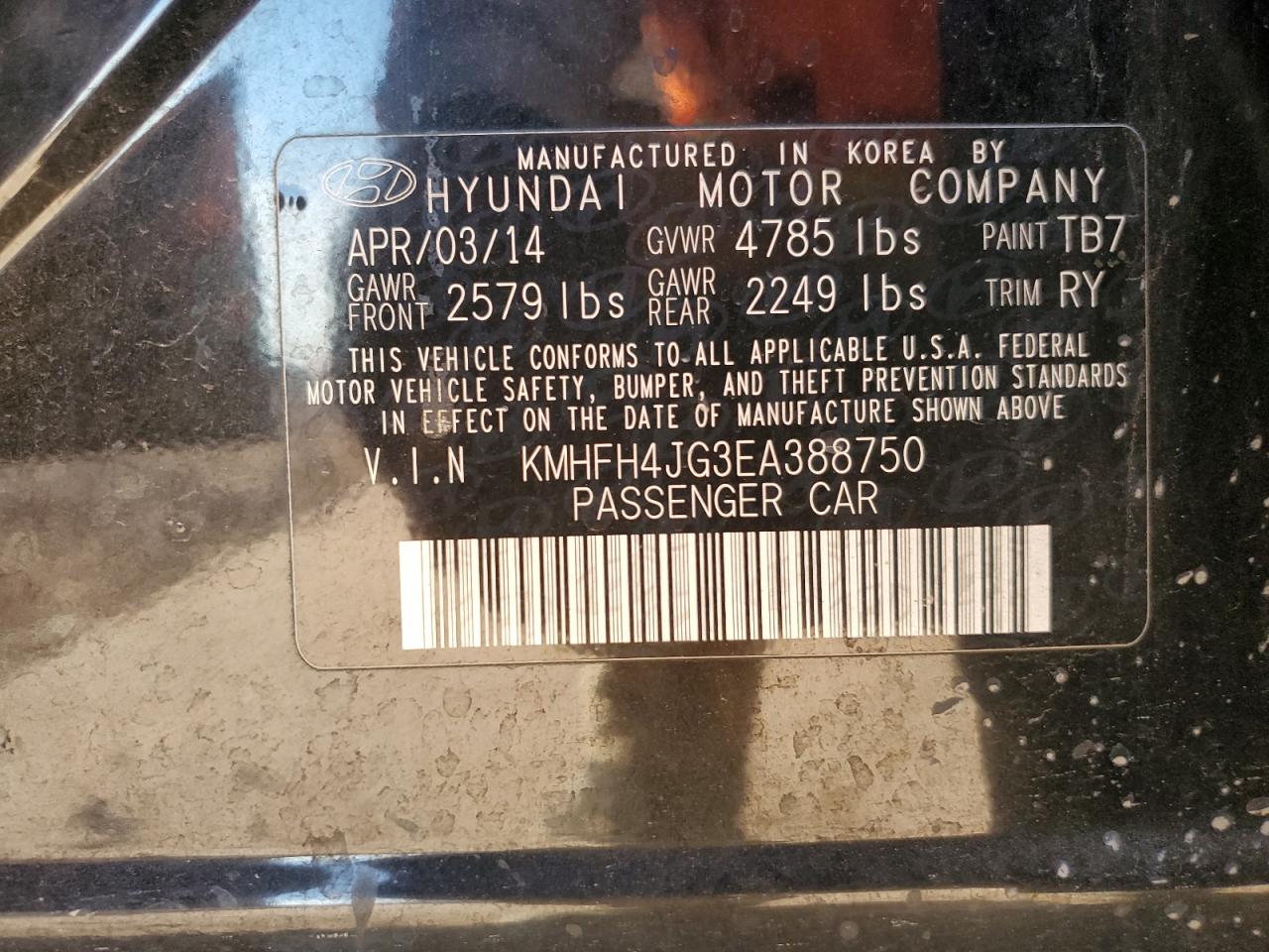 2014 Hyundai Azera Gls VIN: KMHFH4JG3EA388750 Lot: 92276265