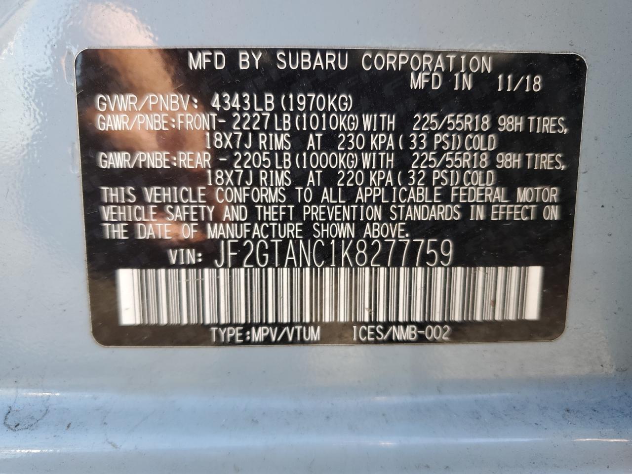 2019 Subaru Crosstrek Limited VIN: JF2GTANC1K8277759 Lot: 93028815