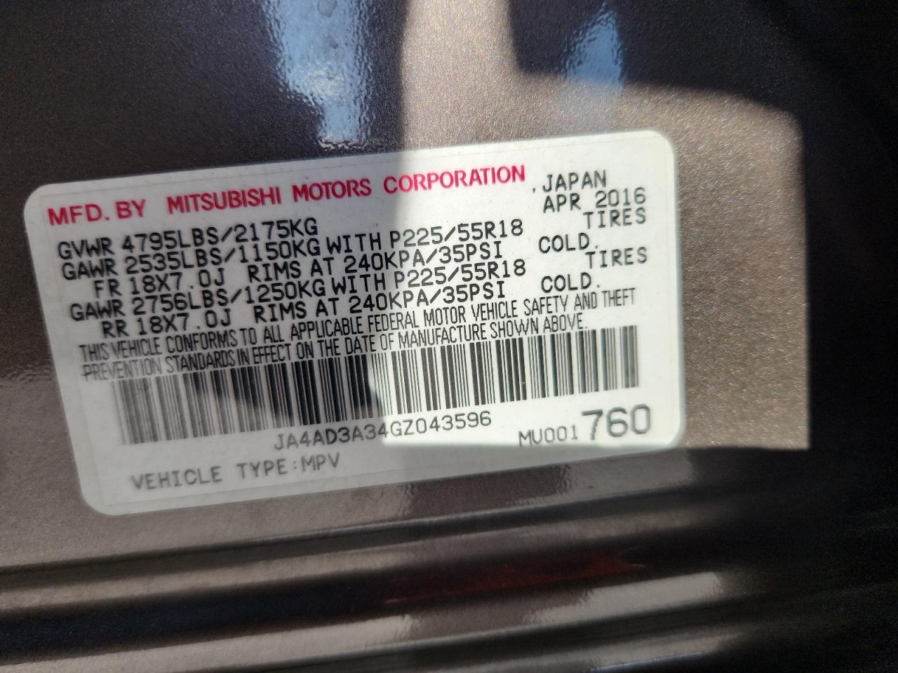 2016 Mitsubishi Outlander Se VIN: JA4AD3A34GZ043596 Lot: 93200355