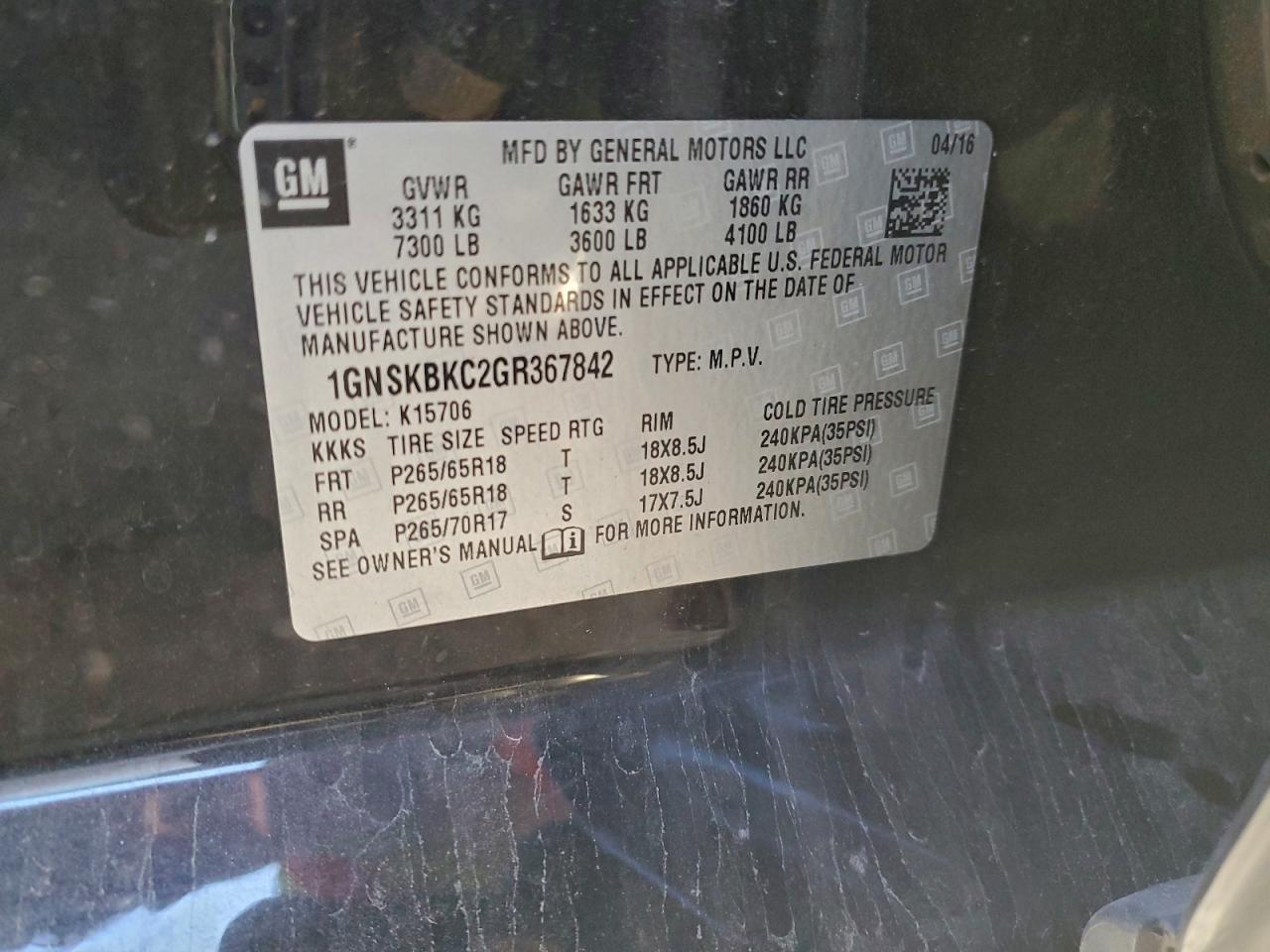 2016 Chevrolet Tahoe K1500 Lt VIN: 1GNSKBKC2GR367842 Lot: 93151995