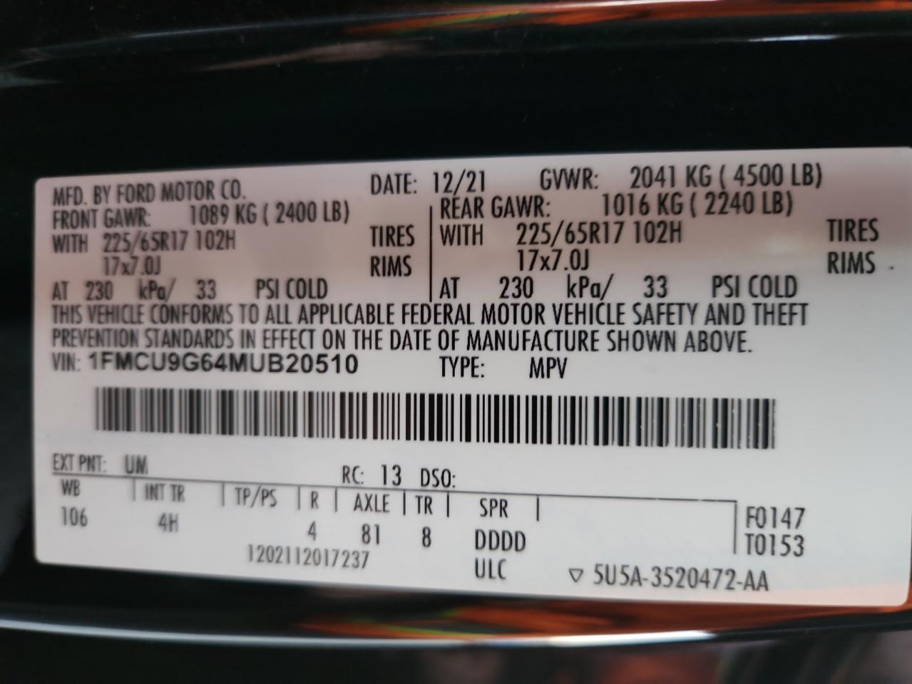 2021 Ford Escape Se VIN: 1FMCU9G64MUB20510 Lot: 93073755