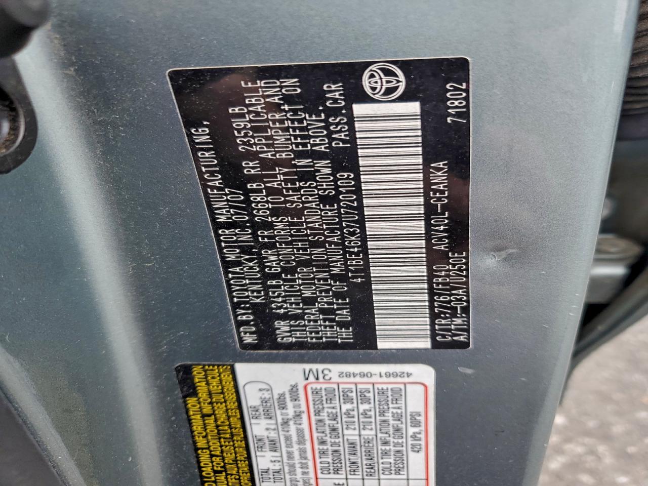 2007 Toyota Camry Ce VIN: 4T1BE46K37U720109 Lot: 93845905