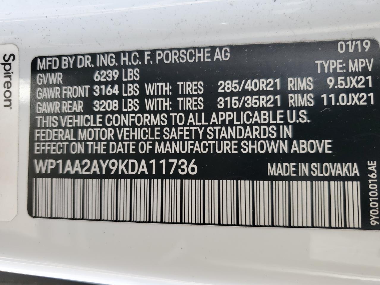 2019 Porsche Cayenne VIN: WP1AA2AY9KDA11736 Lot: 93106865