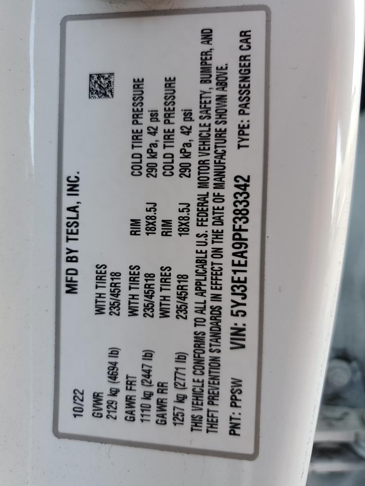 2023 Tesla Model 3 VIN: 5YJ3E1EA9PF383342 Lot: 92319185