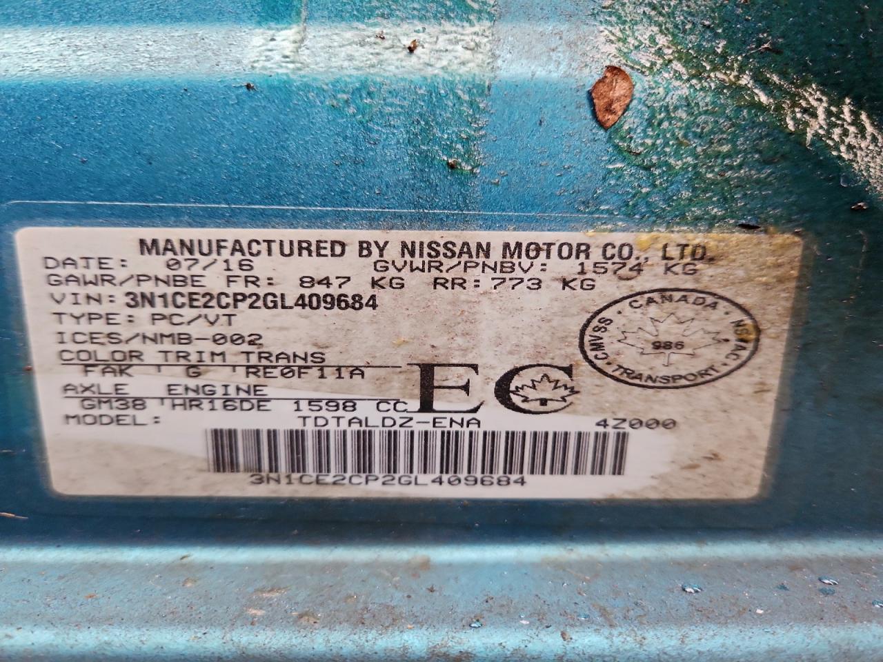 2016 Nissan Versa Note S VIN: 3N1CE2CP2GL409684 Lot: 94036425