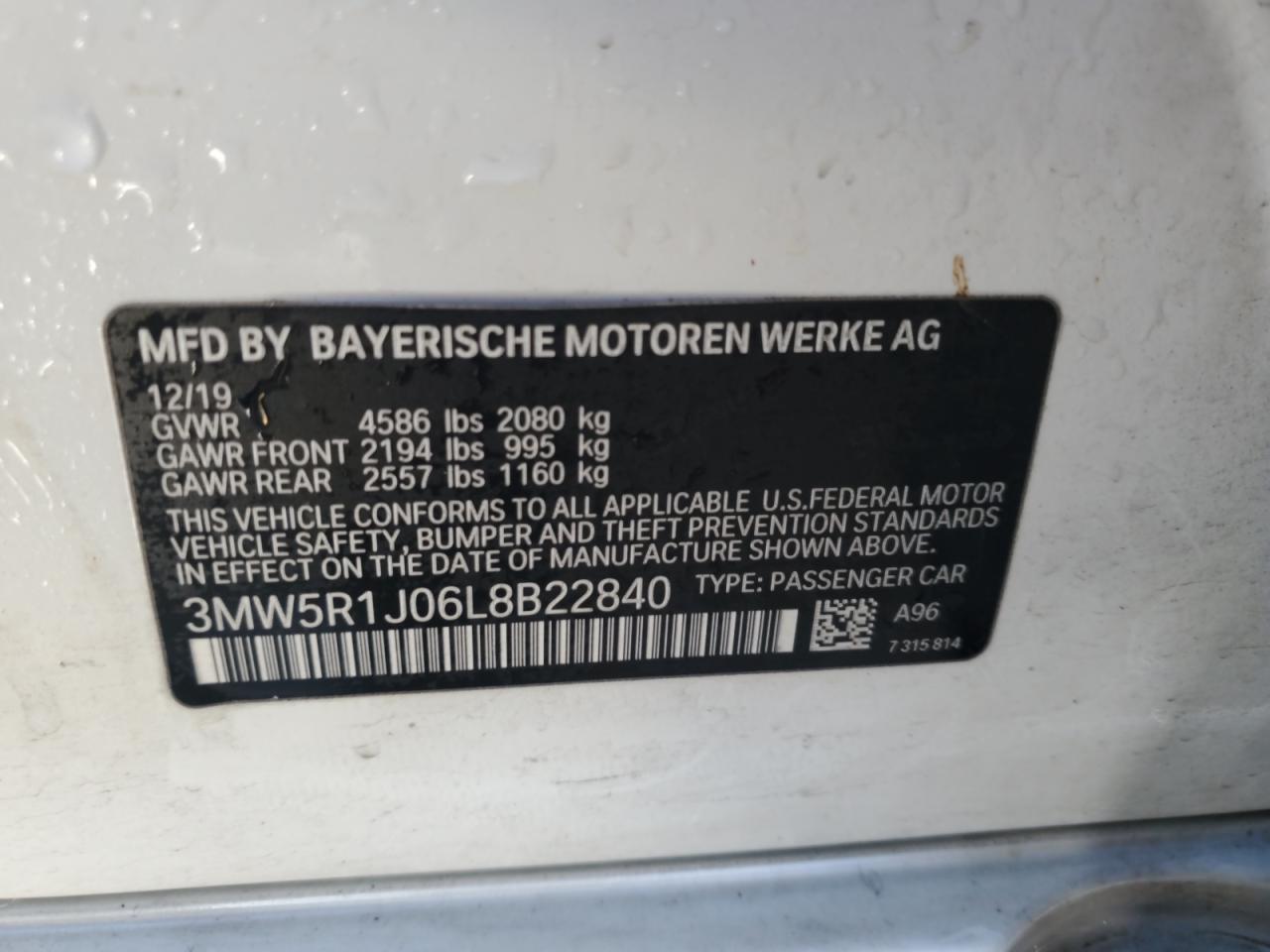 2020 BMW 330I VIN: 3MW5R1J06L8B22840 Lot: 92425875