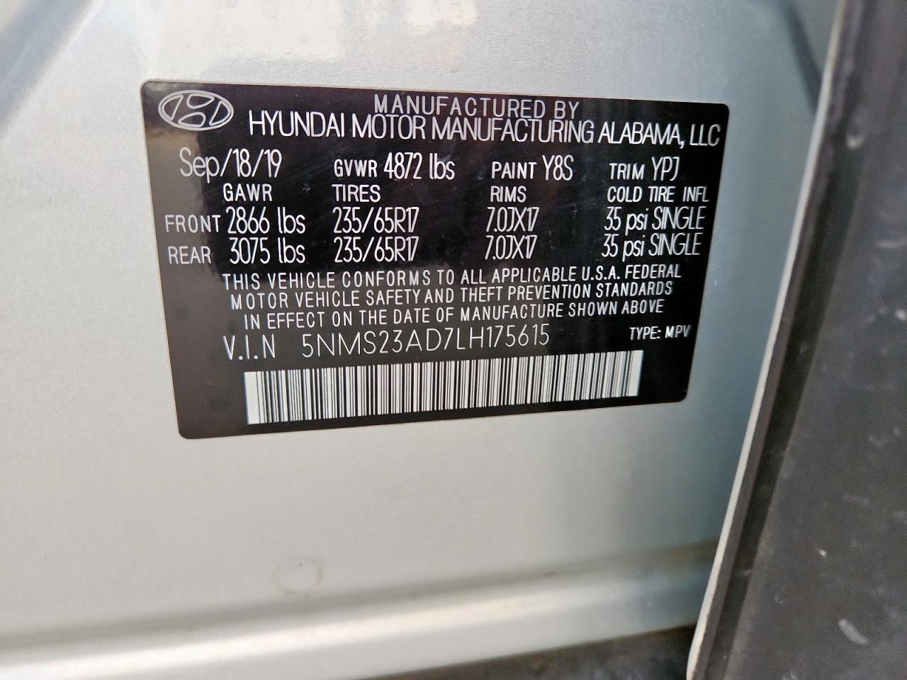 2020 Hyundai Santa Fe Se VIN: 5NMS23AD7LH175615 Lot: 92945535