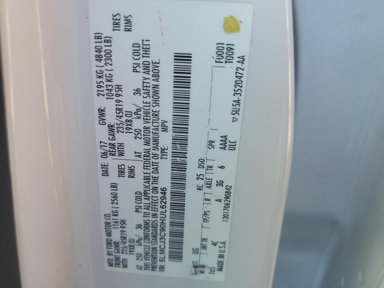 2017 Lincoln Mkc Reserve VIN: 5LMCJ3C90HUL62946 Lot: 91608405