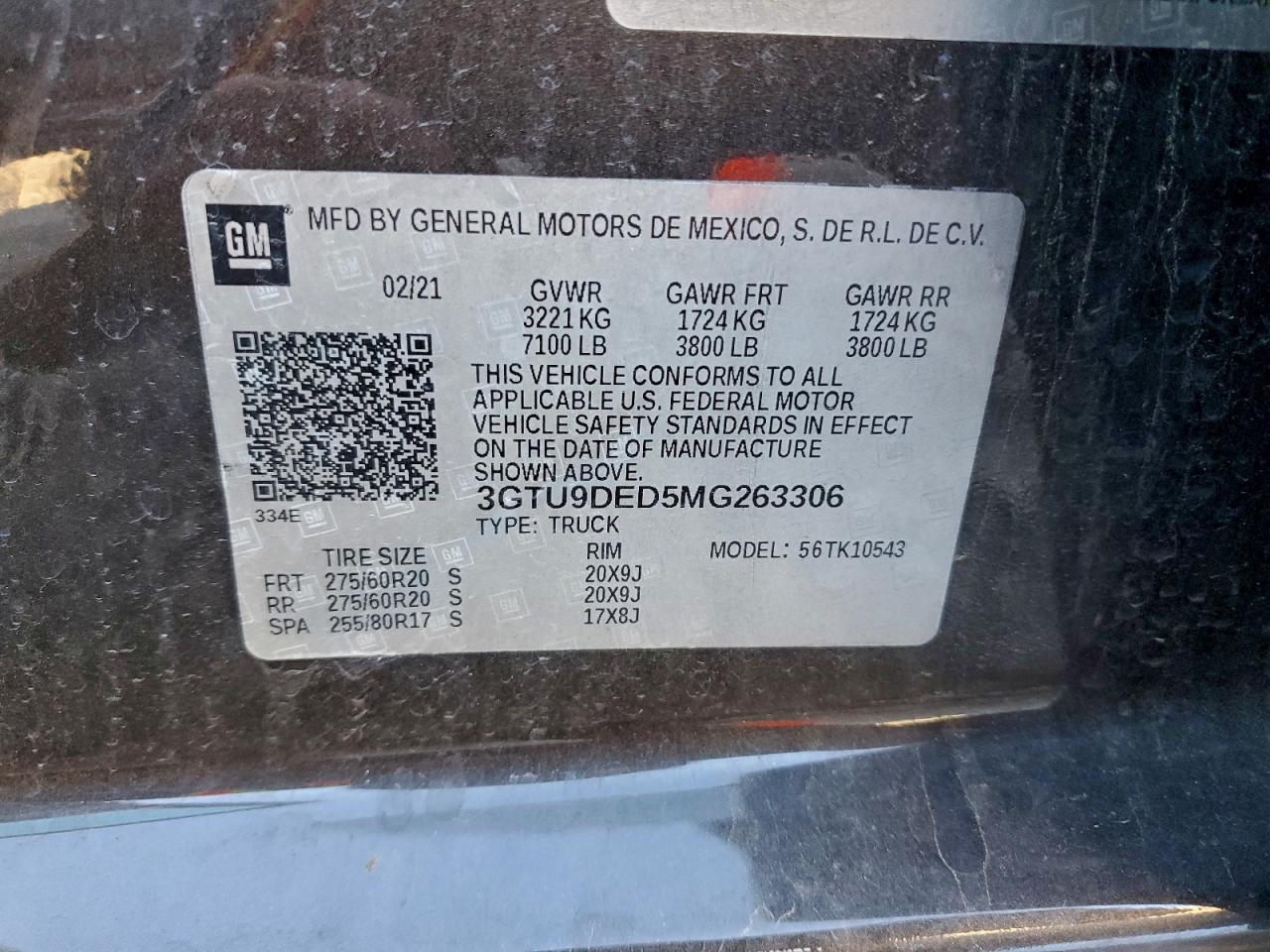 2021 GMC Sierra K1500 Slt VIN: 3GTU9DED5MG263306 Lot: 94566955