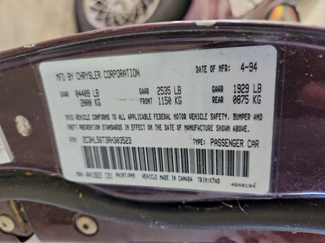 1994 Chrysler Concorde VIN: 2C3HL56T3RH303523 Lot: 93105635