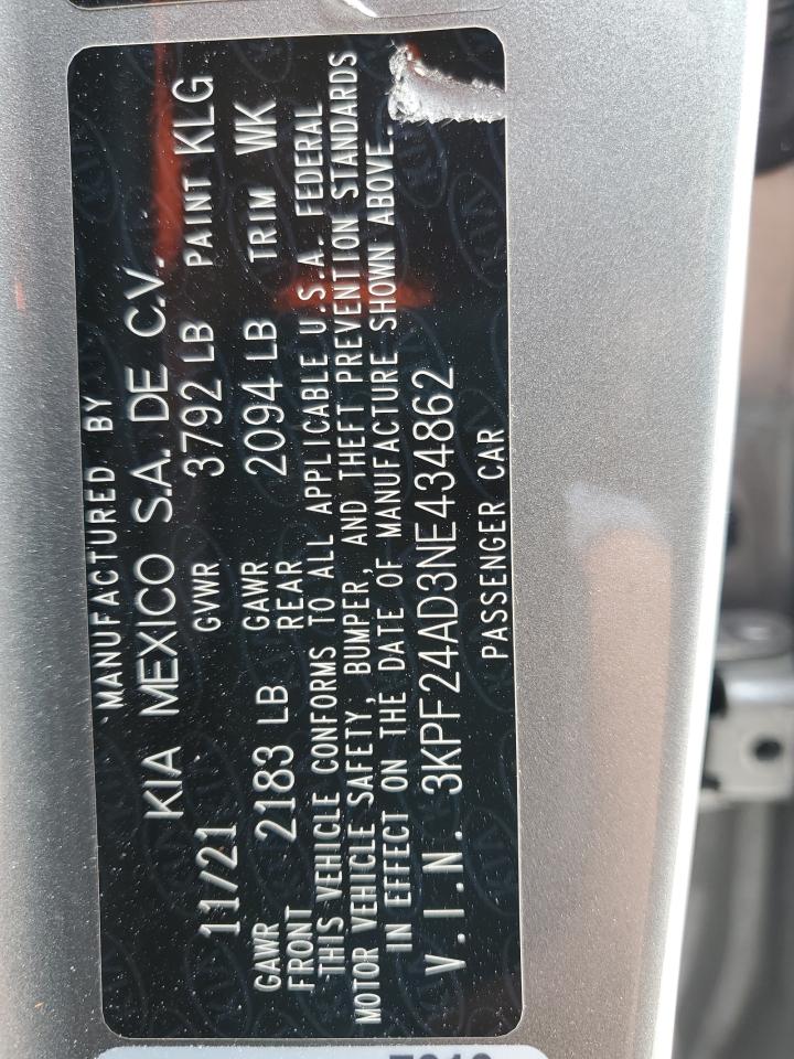 2022 Kia Forte Fe VIN: 3KPF24AD3NE434862 Lot: 91643495