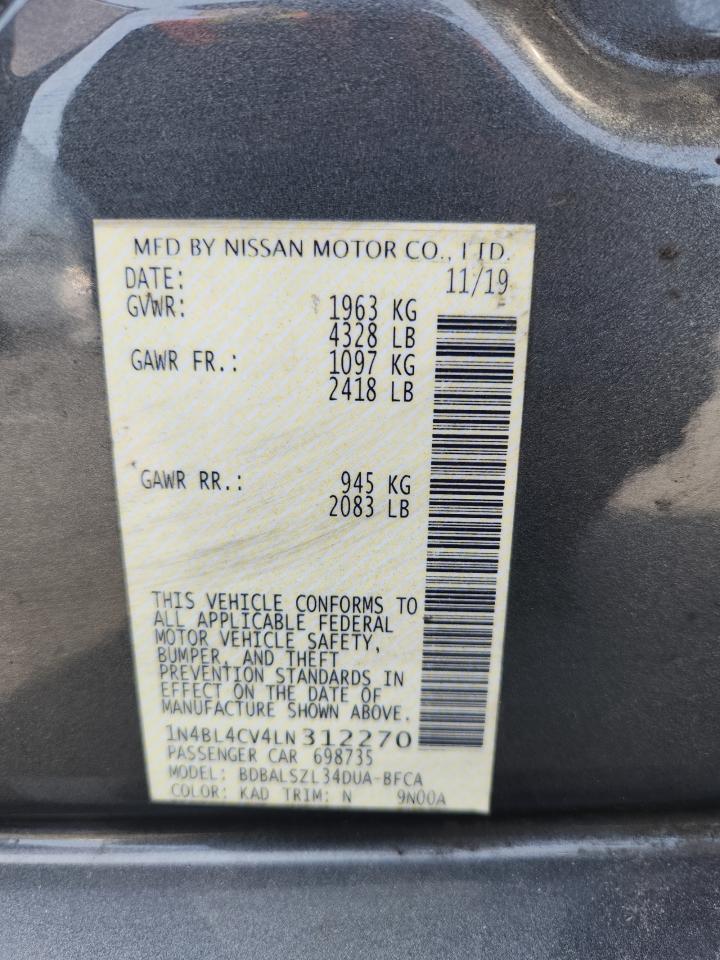 2020 Nissan Altima Sr VIN: 1N4BL4CV4LN312270 Lot: 93510525