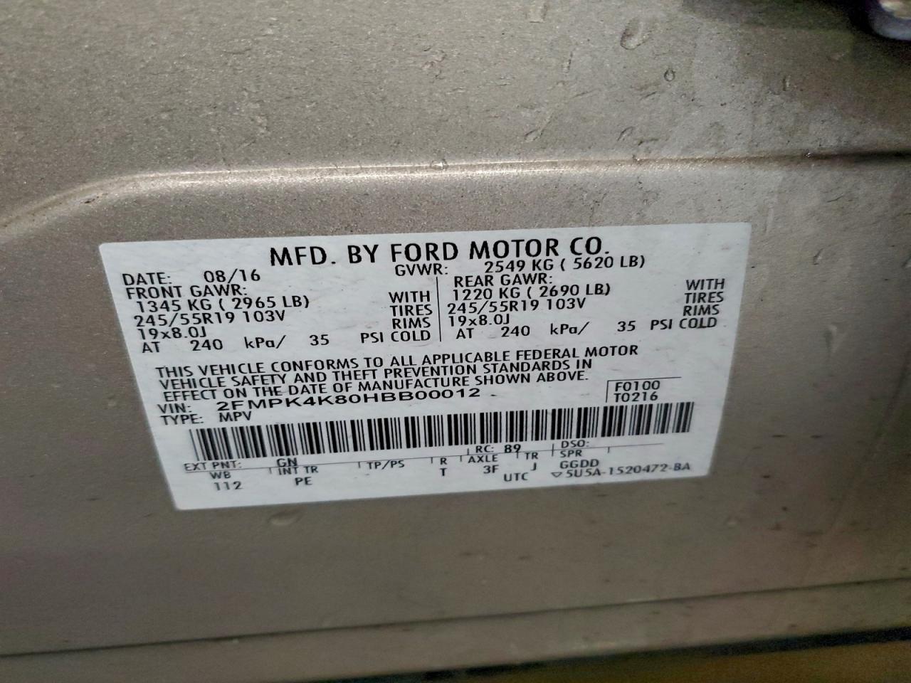 2017 Ford Edge Titanium VIN: 2FMPK4K80HBB00012 Lot: 94543245