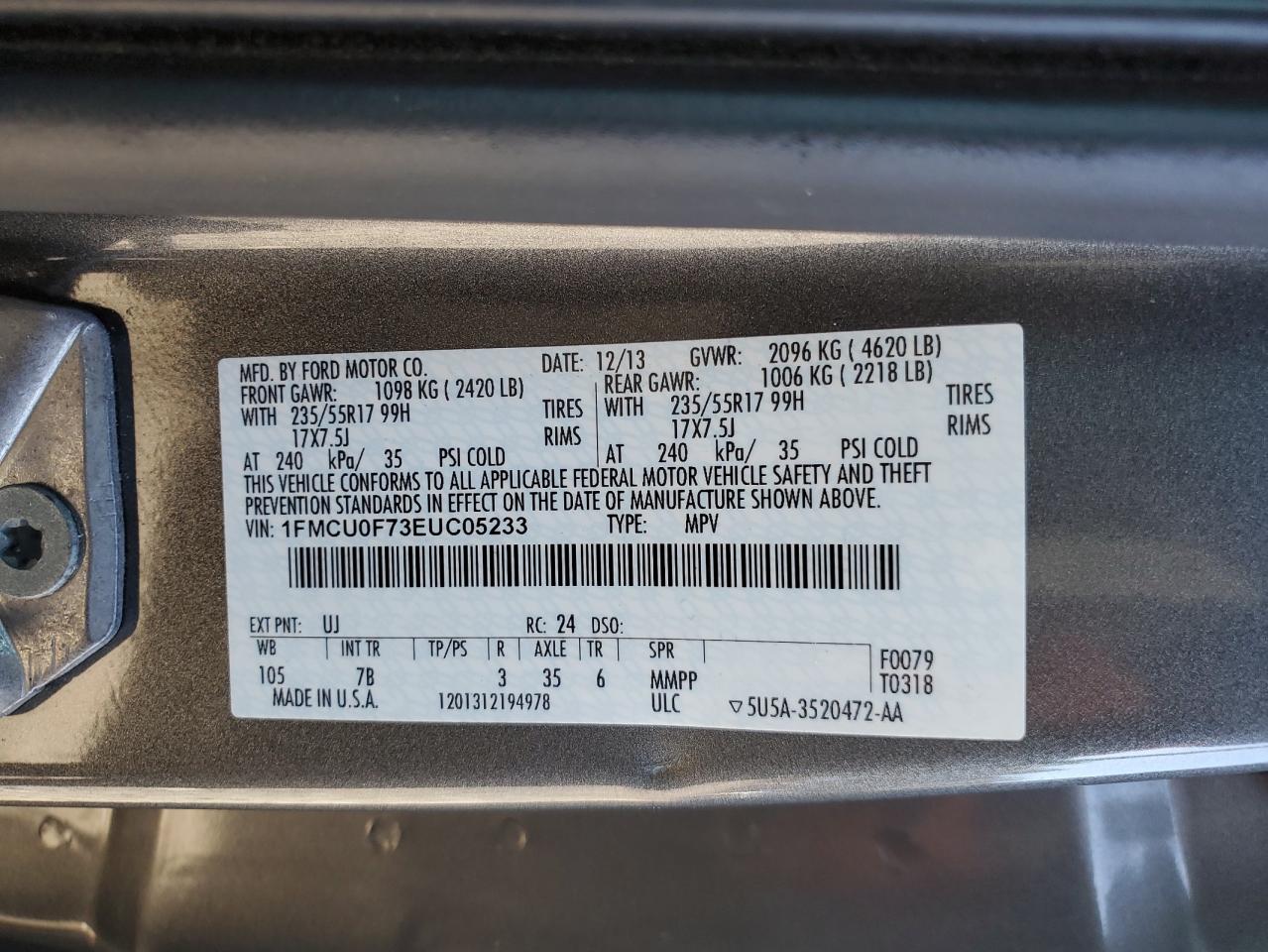 2014 Ford Escape S VIN: 1FMCU0F73EUC05233 Lot: 92578705