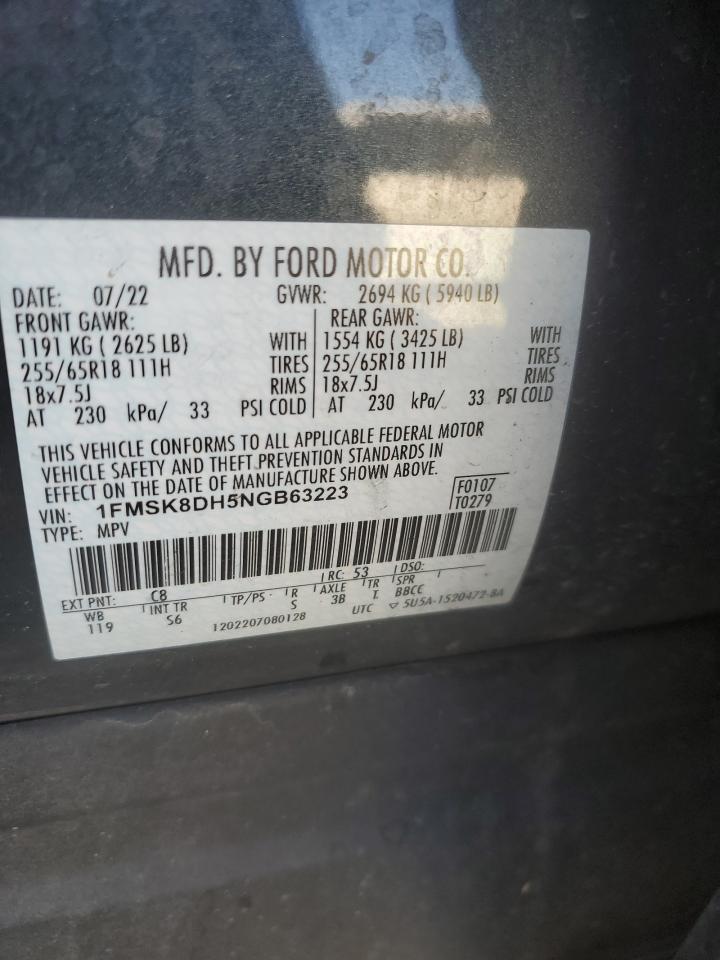 2022 Ford Explorer Xlt VIN: 1FMSK8DH5NGB63223 Lot: 92330685