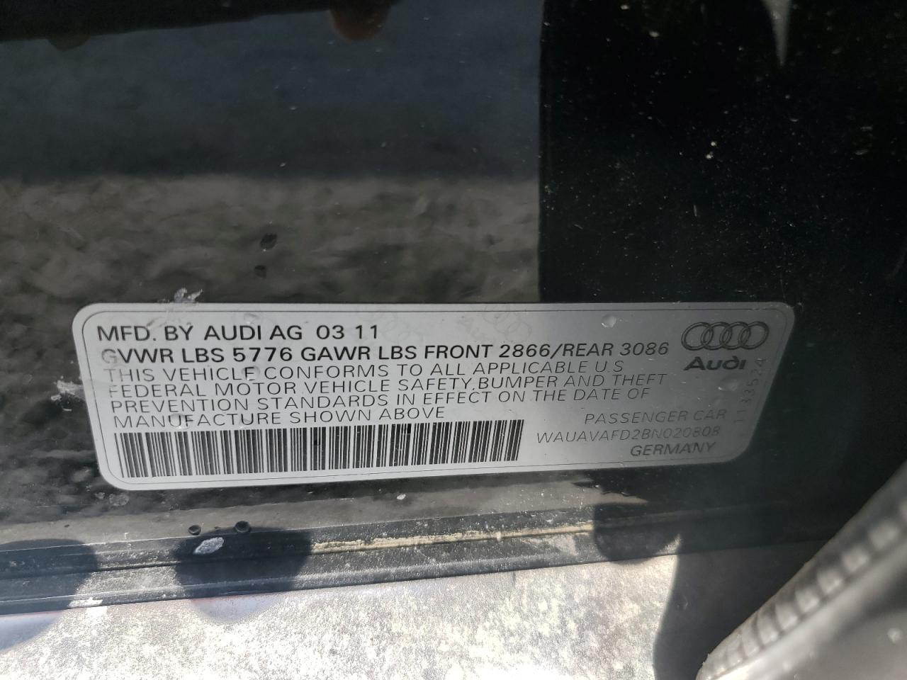 2011 Audi A8 Quattro VIN: WAUAVAFD2BN020808 Lot: 92700665