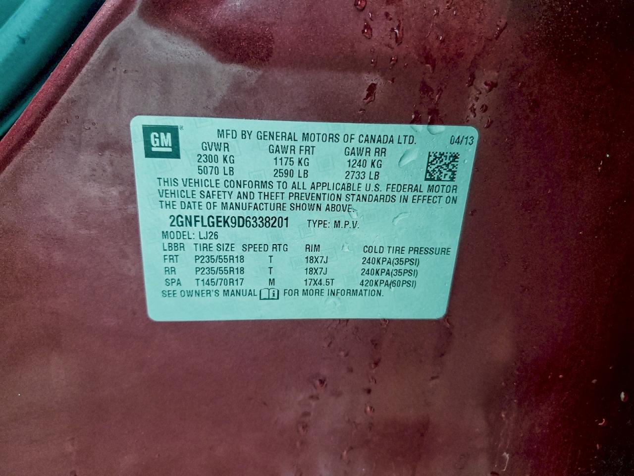 2013 Chevrolet Equinox Ltz VIN: 2GNFLGEK9D6338201 Lot: 92499435