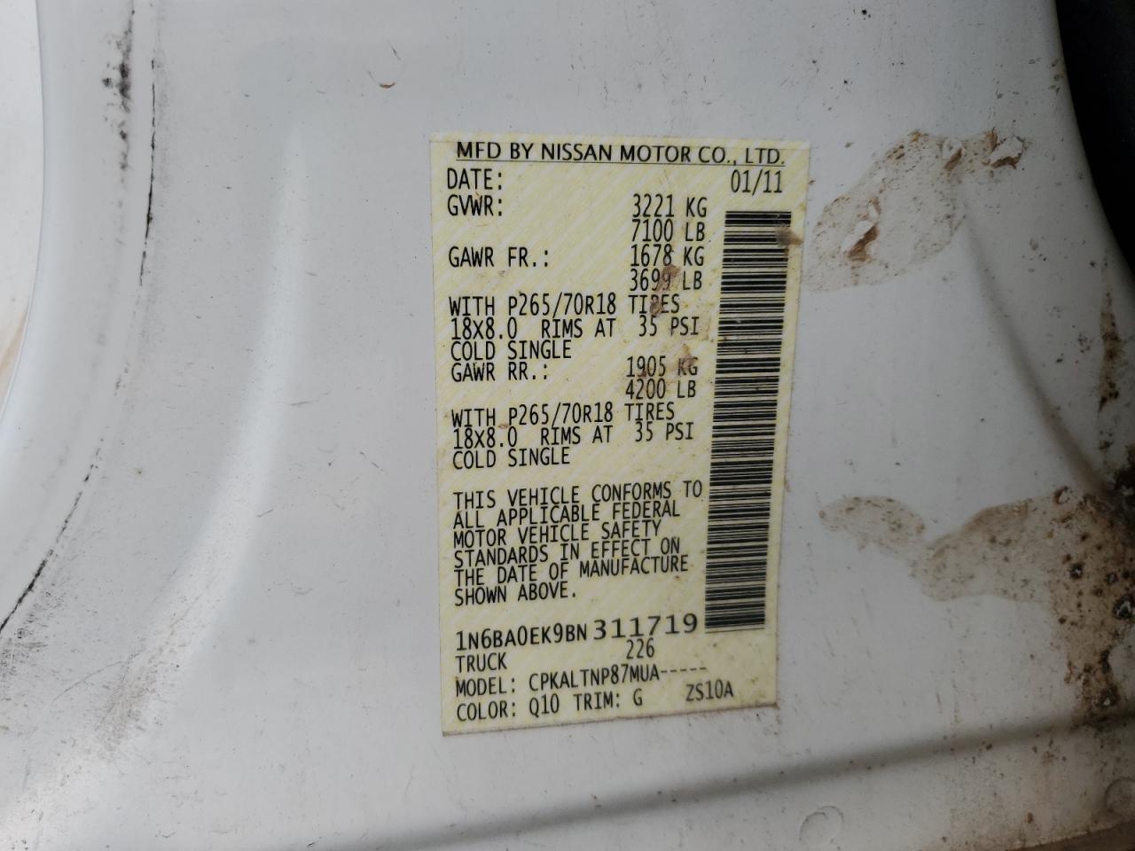 2011 Nissan Titan S VIN: 1N6BA0EK9BN311719 Lot: 93357355