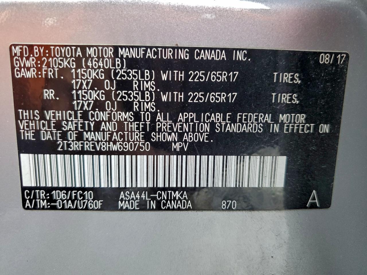 2017 Toyota Rav4 Xle VIN: 2T3RFREV8HW690750 Lot: 94395555