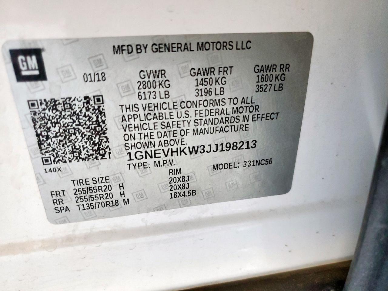 2018 Chevrolet Traverse Lt VIN: 1GNEVHKW3JJ198213 Lot: 92352075