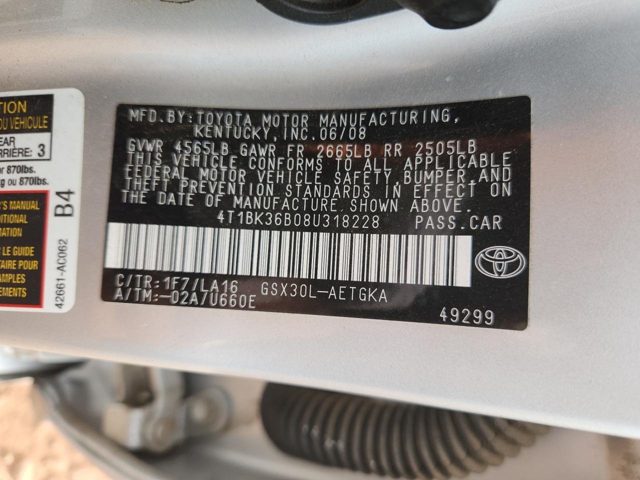 2008 Toyota Avalon Xl VIN: 4T1BK36B08U318228 Lot: 92637635