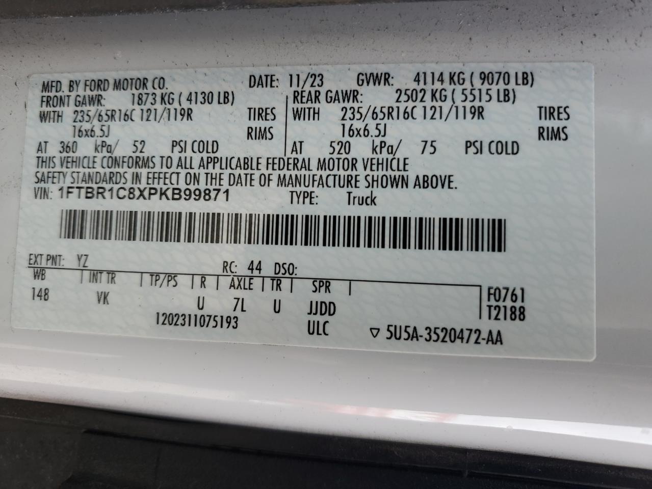 2023 Ford Transit T-250 VIN: 1FTBR1C8XPKB99871 Lot: 93391705