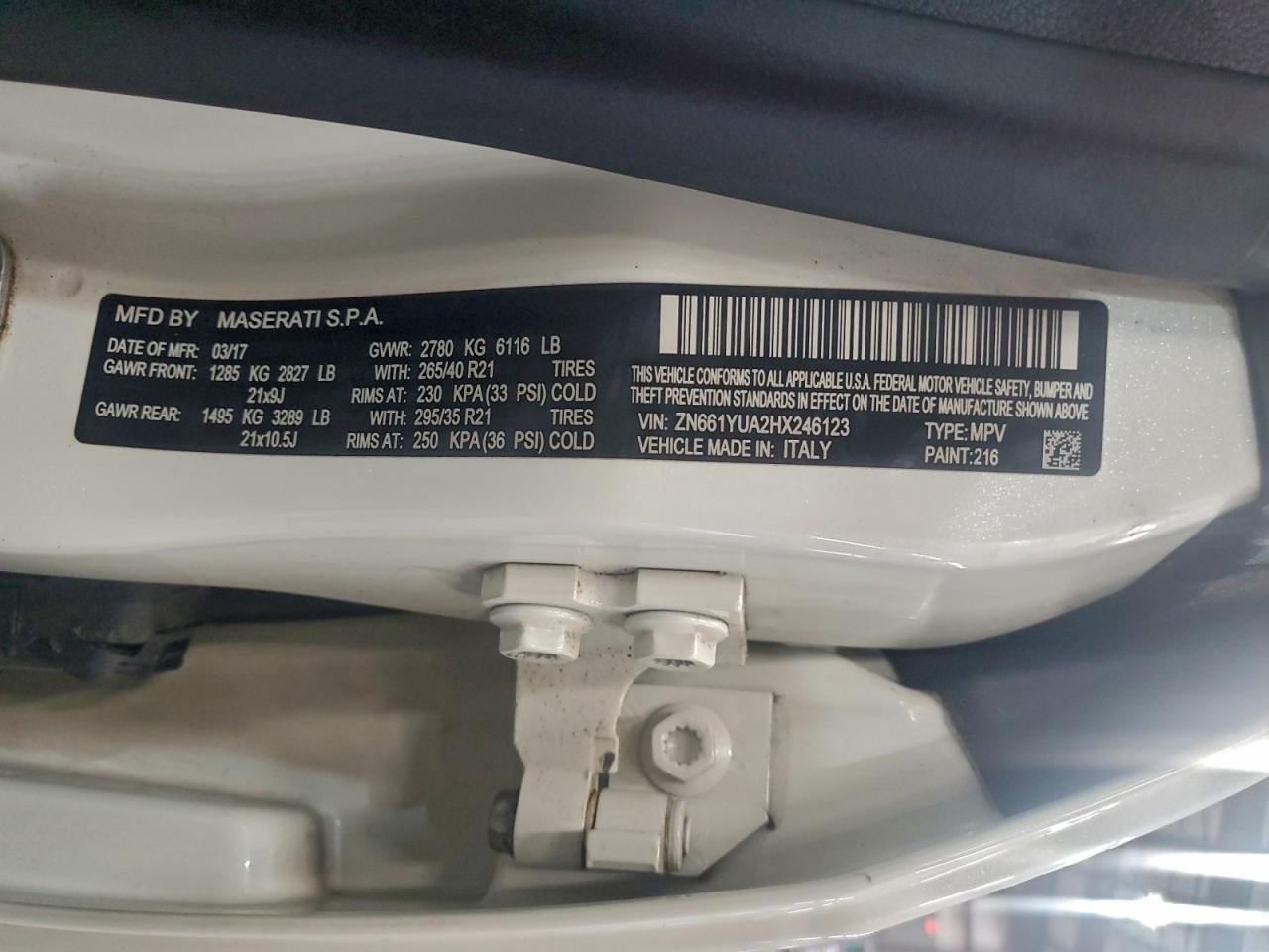 2017 Maserati Levante S VIN: ZN661YUA2HX246123 Lot: 93894235