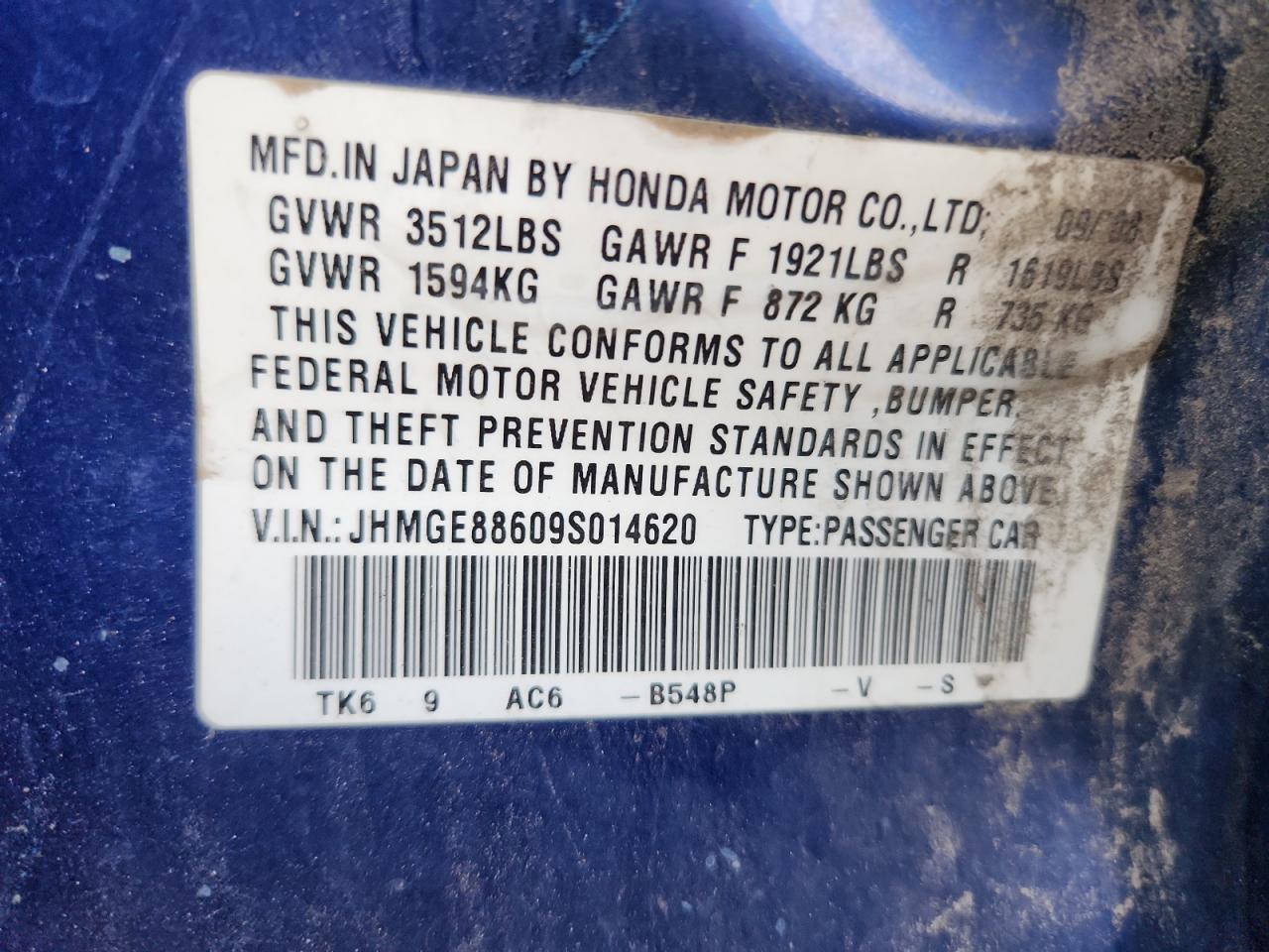 2009 Honda Fit Sport VIN: JHMGE88609S014620 Lot: 87107395