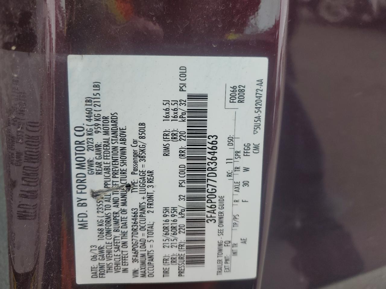 2013 Ford Fusion S VIN: 3FA6P0G77DR364663 Lot: 90474705