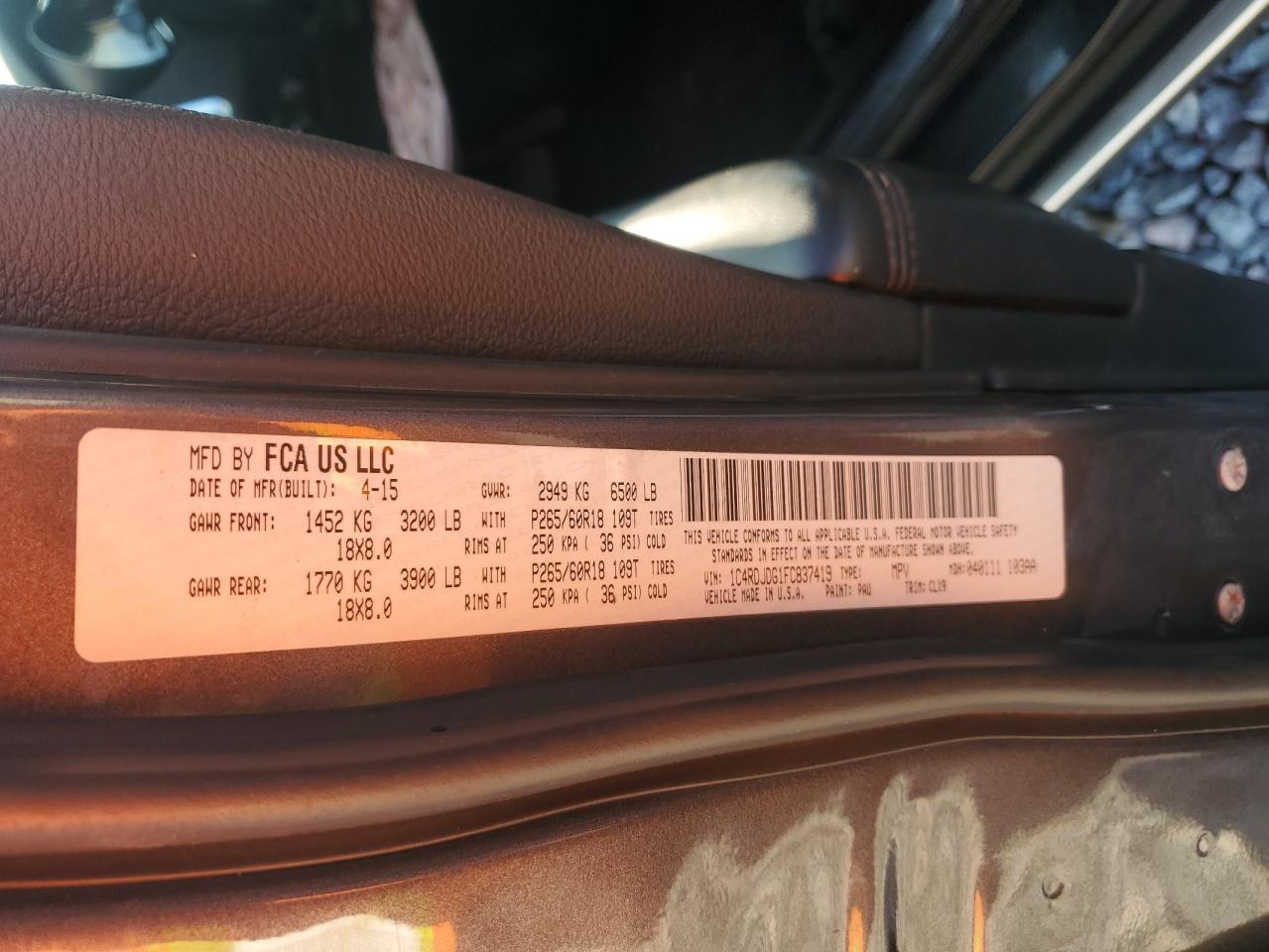 2015 Dodge Durango Limited VIN: 1C4RDJDG1FC837419 Lot: 91529685