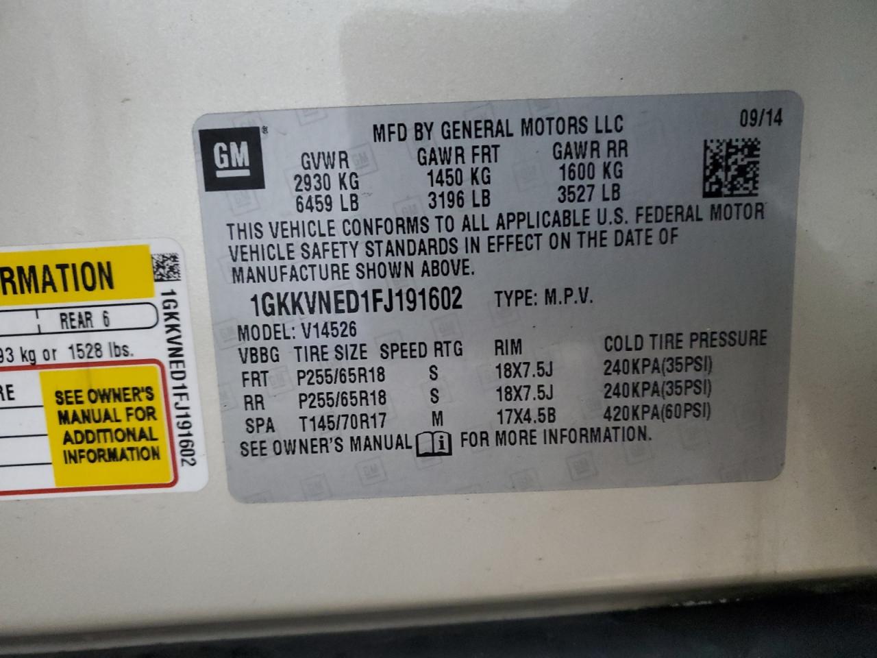 2015 GMC Acadia Sle VIN: 1GKKVNED1FJ191602 Lot: 91854285