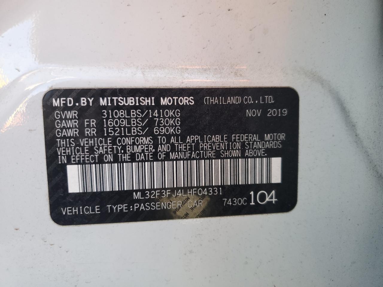 2020 Mitsubishi Mirage G4 Es VIN: ML32F3FJ4LHF04331 Lot: 92300985