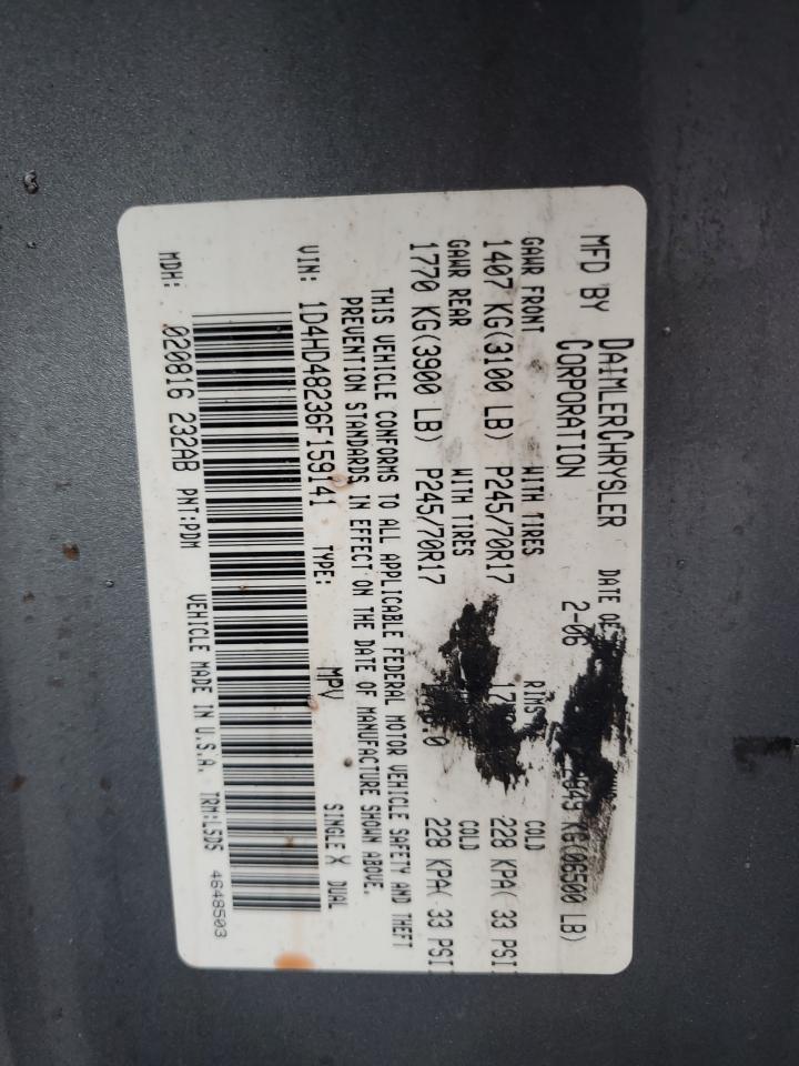 2006 Dodge Durango Slt VIN: 1D4HD48236F159141 Lot: 93088875